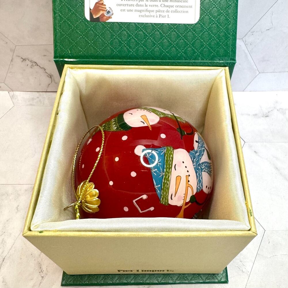 Pier 1 Imports Li Bien 2018 Glass Christmas Ornament Red Snowman Band in Box